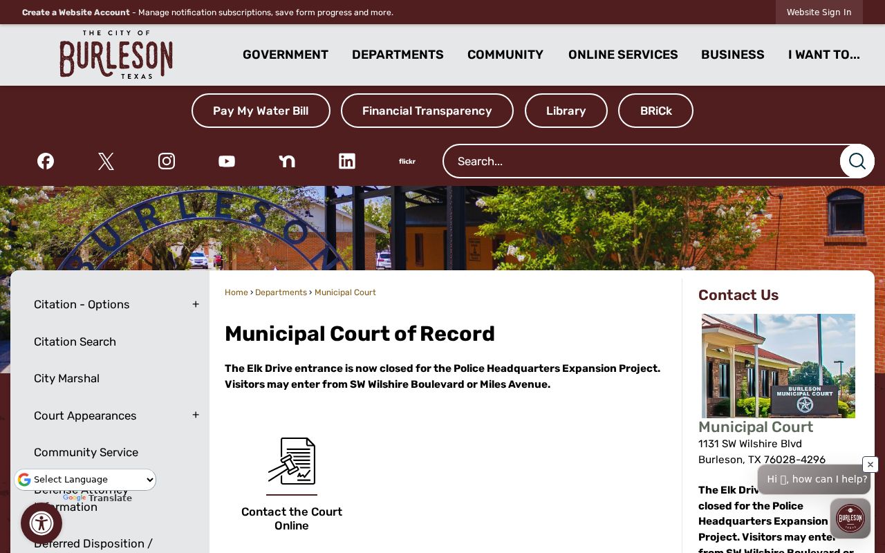 Burleson municipal court docket office in Johnson County