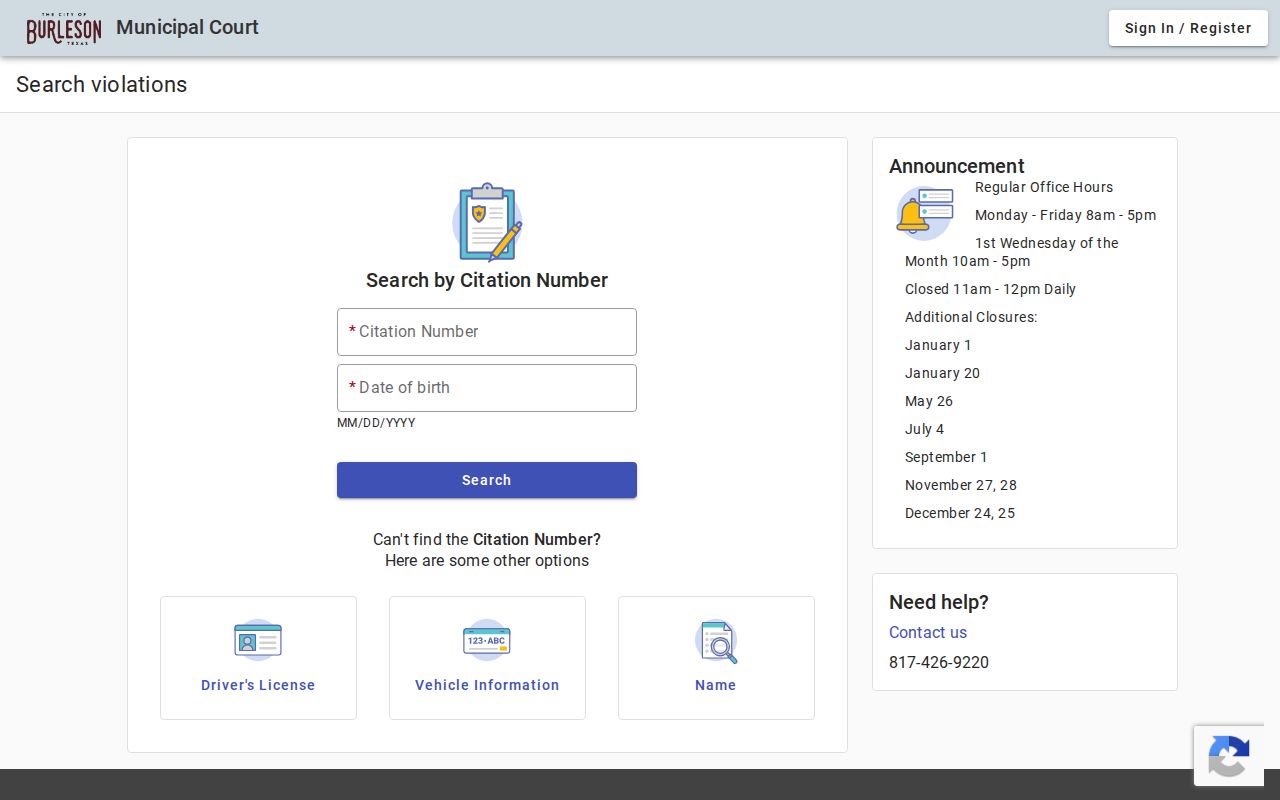 Burleson court docket citation search fields
