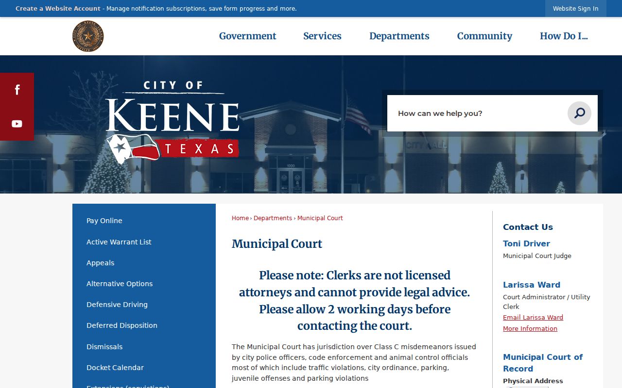 Keene court docket source showing the Johnson County municipal court-of-record page