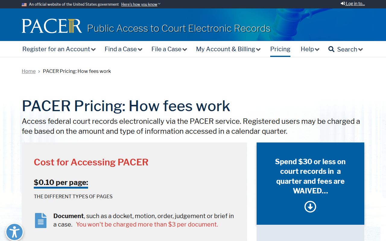 Johnson County federal court docket PACER fee information